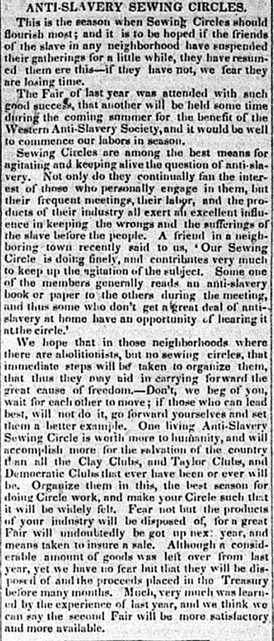 Liberator 1847 article describing Anti-Slavery Sewing Circles.